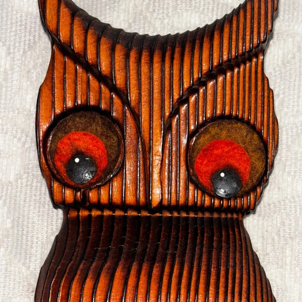1970 Vintage Green Mountain Wood Owl Wall Hanging Handcrafted Michigan MCM Decor